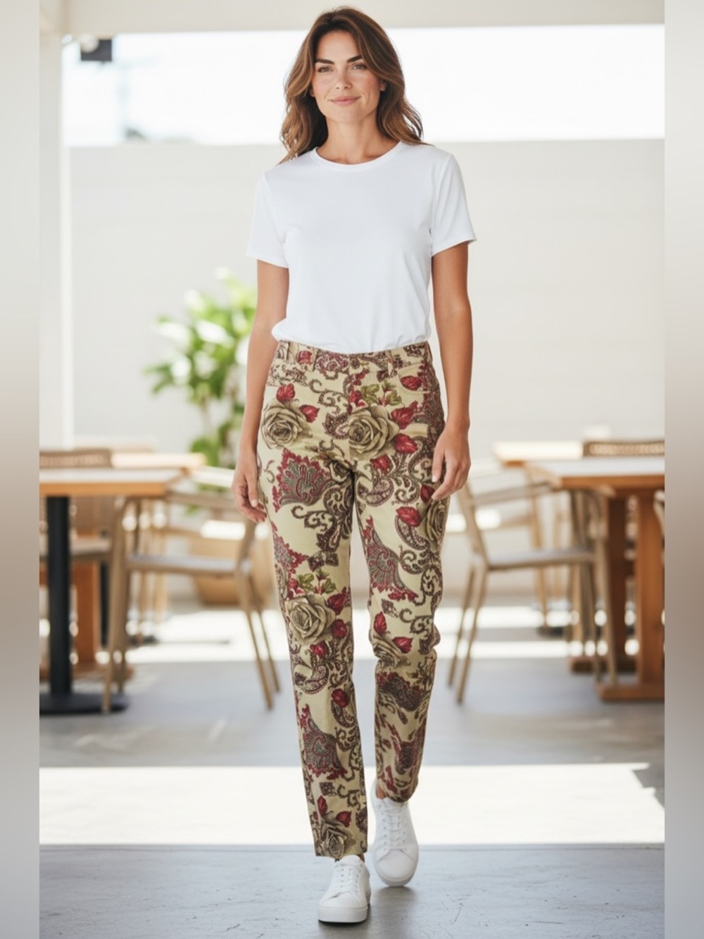 St. John Sport by Marie Gray Floral Rose and Paisley Print Straight Leg Jeans 6